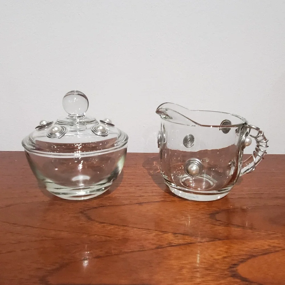 Vintage Clear‎ Anchor Hocking Creamer and Sugar dish with Lid wire wrap spirals